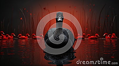 A Black Swan Circled by a Flock of Flamingos at Water Pond on Selective Focus Background Stock Photo
