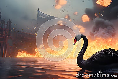 A black swan in front of an unexpected explosion Stock Photo