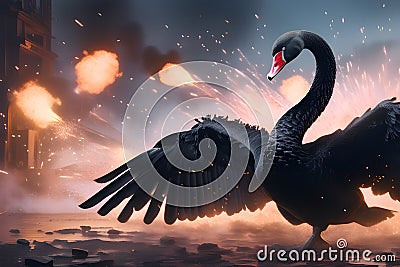 A black swan in front of an unexpected explosion Stock Photo