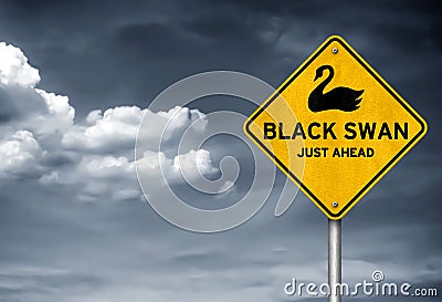 Black Swan - impact of the highly improbable roadsign message Stock Photo