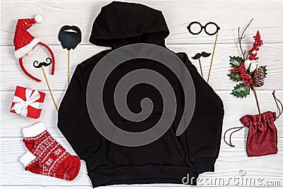 Black sweatshirt with a hood mockup christmas template. Stock Photo