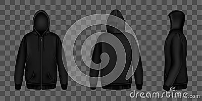 Black sweatshirt with zipper, hood and pockets Vector Illustration