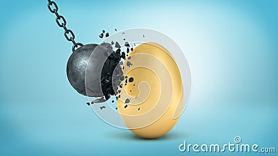 A black swinging wrecking ball breaks at collision with a giant intact golden egg. Stock Photo