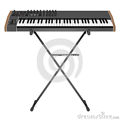 Black synthesizer on stand isolated on white Stock Photo