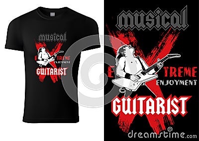 Black T-shirt with Hard Rock Guitarist Vector Illustration