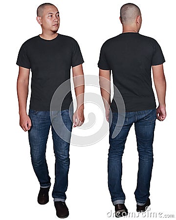 Black t-shirt mock up, front and back view, isolated. Male model wear plain black shirt mockup Stock Photo