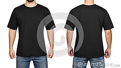 Black t-shirt on a young man white background, front and back Stock Photo