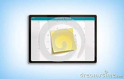 January 2023 Calendar on a Digital Tablet with Yellow Sticky Note Pad Stock Photo