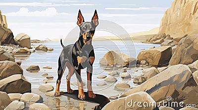 Nostalgic Children's Book Illustration: Doberman Puppy At Nunavut Beach Cartoon Illustration