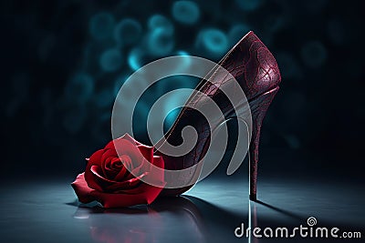 Pair of Black Tango Shoes with Rose Flowers AI Generative Stock Photo