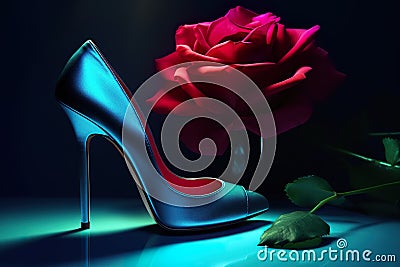 Pair of Black Tango Shoes with Rose Flowers AI Generative Stock Photo