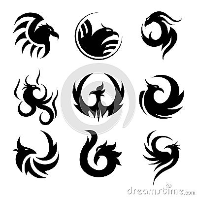 Black tattoo template of phoenix isolated illustrations set Vector Illustration