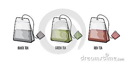 Black tea bag, green tea bag and red tea bag set isolated on white background. Vector cartoon string and tag Teabag Vector Illustration