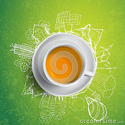 Black tea with circle ecology doodles. Sketched eco elements with cup of green tea, vector illustration Vector Illustration