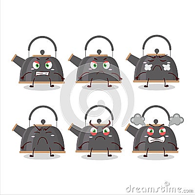 Black teapot cartoon character with various angry expressions Vector Illustration
