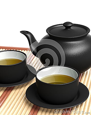 Black teapot and teacups Stock Photo