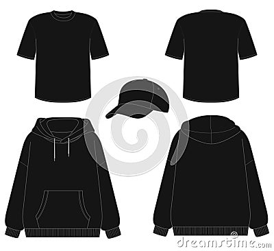 black template sweatshirt t-shirt baseball cap logo design blank style set hoodie back front clothing hood white background Stock Photo