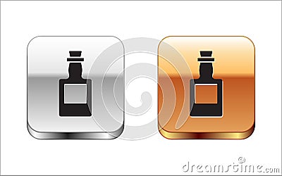 Black Tequila bottle icon isolated on white background. Mexican alcohol drink. Silver and gold square buttons. Vector Vector Illustration