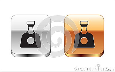 Black Tequila bottle icon isolated on white background. Mexican alcohol drink. Silver and gold square buttons. Vector Vector Illustration