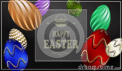 Black texture Easter composition with a square frame and a silhouette of eggs of various colors Vector Illustration