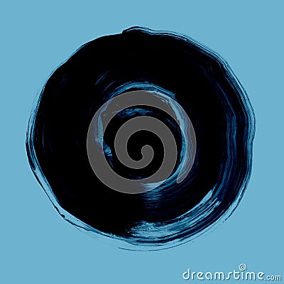 Black textured acrylic circle. Watercolour stain on blue niagara background. Stock Photo