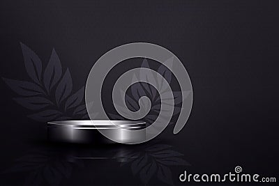 Black textured composition with a gradient, round podium with leaves Vector Illustration