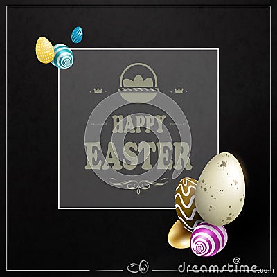 Black textured Easter composition with a square frame with a basket, a silhouette of eggs of various colors Vector Illustration