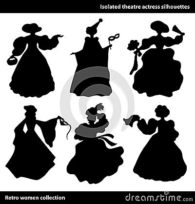 Black theatre actress silhouettes. Vintage women set. Columbine. Vector Illustration