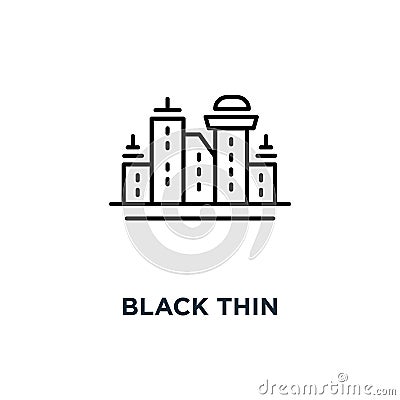 black thin cityscape with skyscrapers icon, symbol of city scape like singapore or new york concept linear stroke simple style Vector Illustration