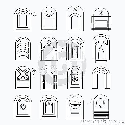 Black thin line assorted isolated round arches frames icons set with stars design elements on white Vector Illustration