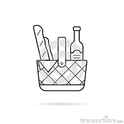 Black thin line picnic basket icon with food Vector Illustration