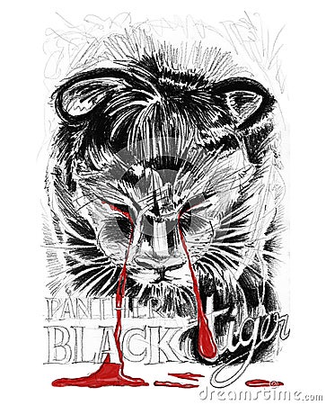 Black Tiger or Panthom puppy crying is blood pencil stroke drawn Stock Photo
