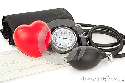 Black tonometer and heart, cardiogram Stock Photo