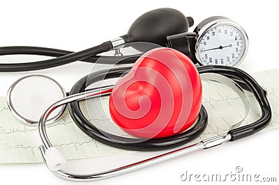 Black tonometer and heart, cardiogram Stock Photo