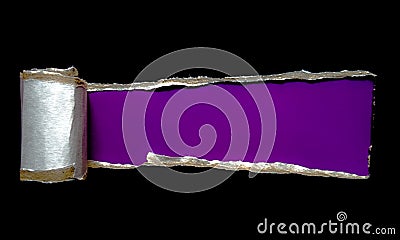 Black torn paper with space for text with a purple background. A piece of torn black paper, copy space Stock Photo