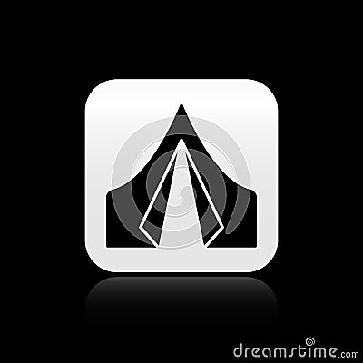 Black Tourist tent icon isolated on black background. Camping symbol. Silver square button. Vector Illustration Vector Illustration