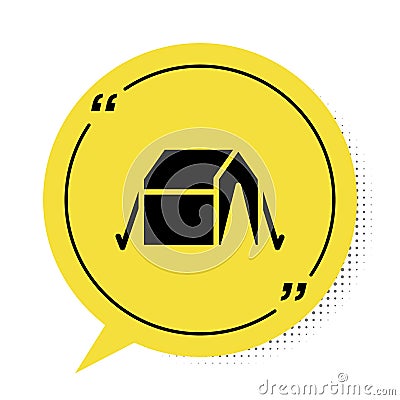Black Tourist tent icon isolated on white background. Camping symbol. Yellow speech bubble symbol. Vector Vector Illustration