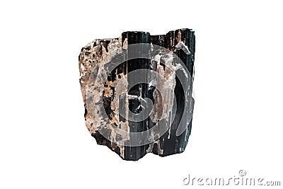 Black Tourmaline or Schorl Natural Raw Rough Gemstone isolated on white background.. Stock Photo