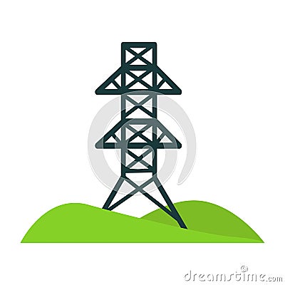 Black tower for wires on piece of land with hills Vector Illustration
