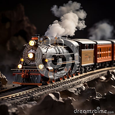 Black Toy Steam Train On Tracks: Realistic Still Life With Dramatic Lighting Stock Photo