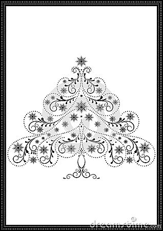 Black tracery Christmas tree with snowflakes and beads Vector Illustration