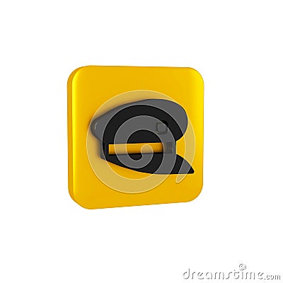 Black Train driver hat icon isolated on transparent background. Yellow square button. Stock Photo