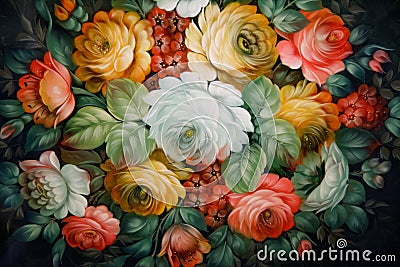 Black tray painted with floral patterns. Stock Photo