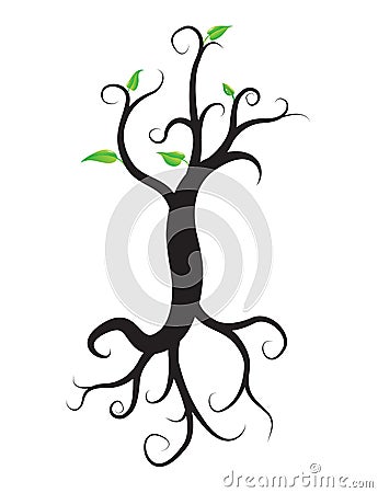 Black tree with roots isolated white background Vector Illustration