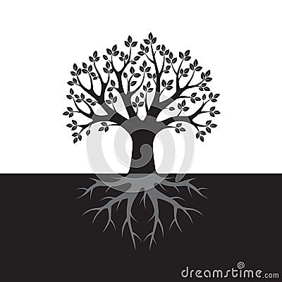 Black Tree and Roots. Vector Illustration. Stock Photo