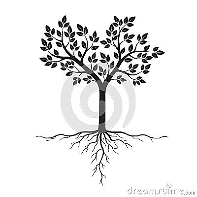 Black Tree with Roots. Vector Illustration. Vector Illustration