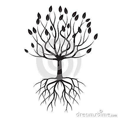 Black Tree with Roots. Vector Illustration. Vector Illustration