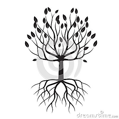 Black Tree with Roots. Vector Illustration. Vector Illustration