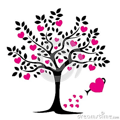 Black tree silhouette with leaves and pink hearts. Love tree. Greeting card for Valentine`s Day Cartoon Illustration