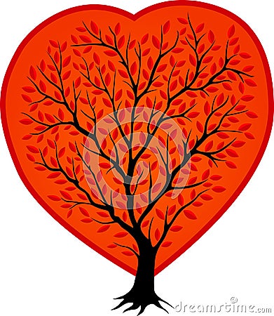 Black tree silhouette in the red shape of heart Vector Illustration